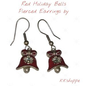 Laila Rowe Red Enamel Bell Drop Earrings Rhinestone Holiday Silver Tone